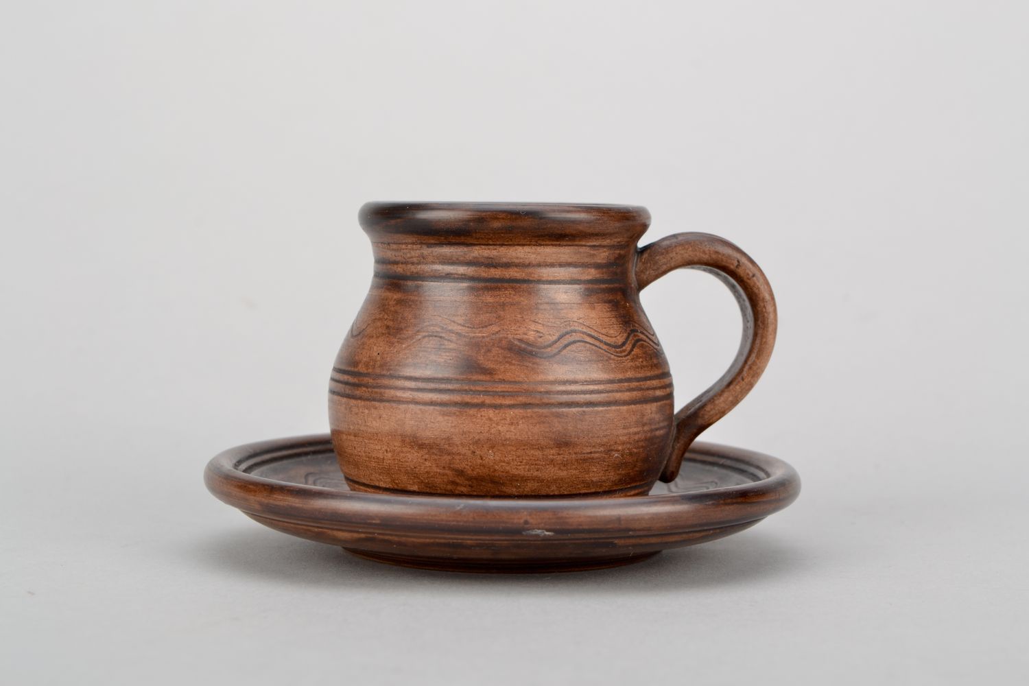 3 oz clay ceramic cup with handle and saucer in brown color photo 5