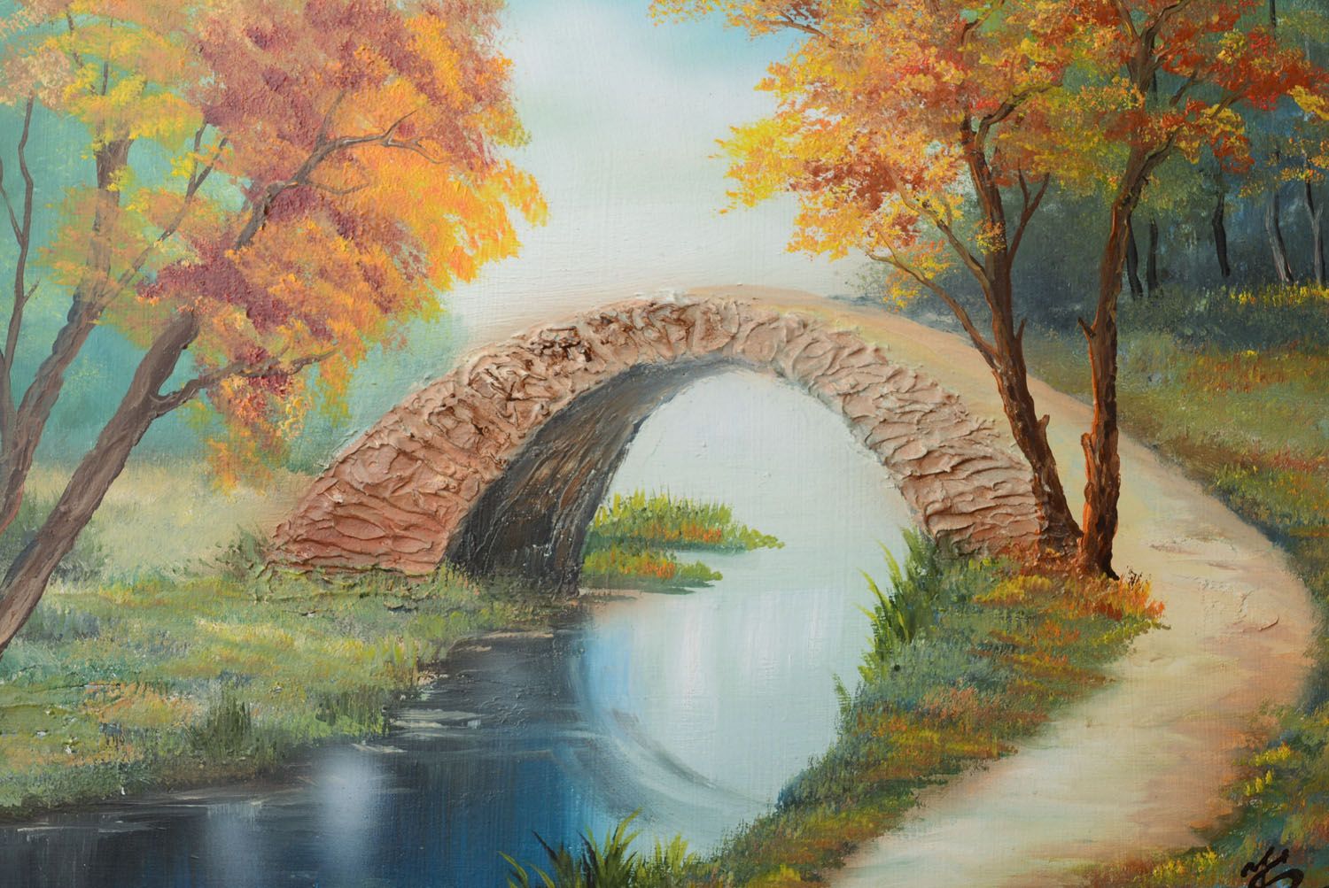 Homemade oil painting Autumn Bridge photo 2