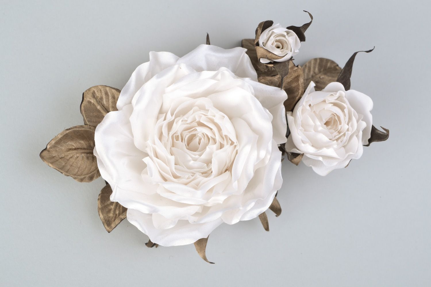 Broche et barrette en tissu de soie faite main accessoire original Rose blanche photo 1