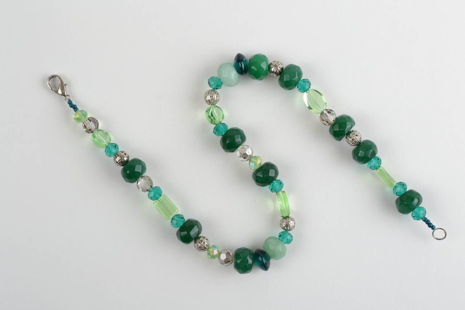 Unusual beautiful thin handmade glass bead necklace with natural stone green photo 3