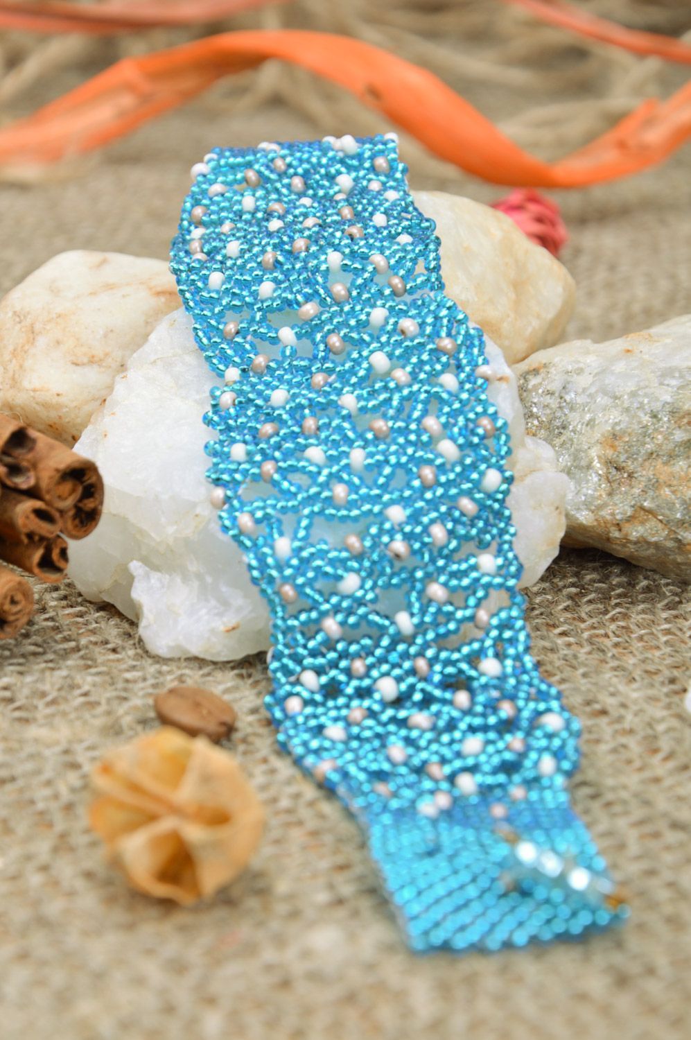 Handmade designer wide lace wrist bracelet woven of blue beads Cornflowers photo 1