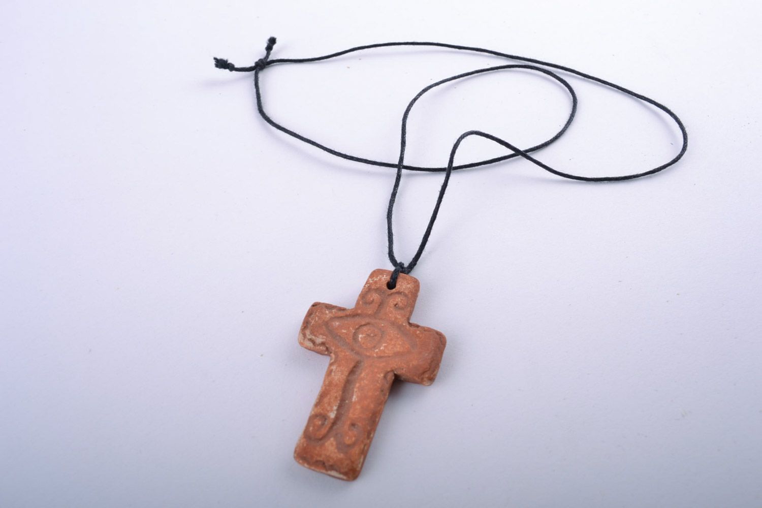 Unusual handmade clay cross pendant painted with engobes photo 3