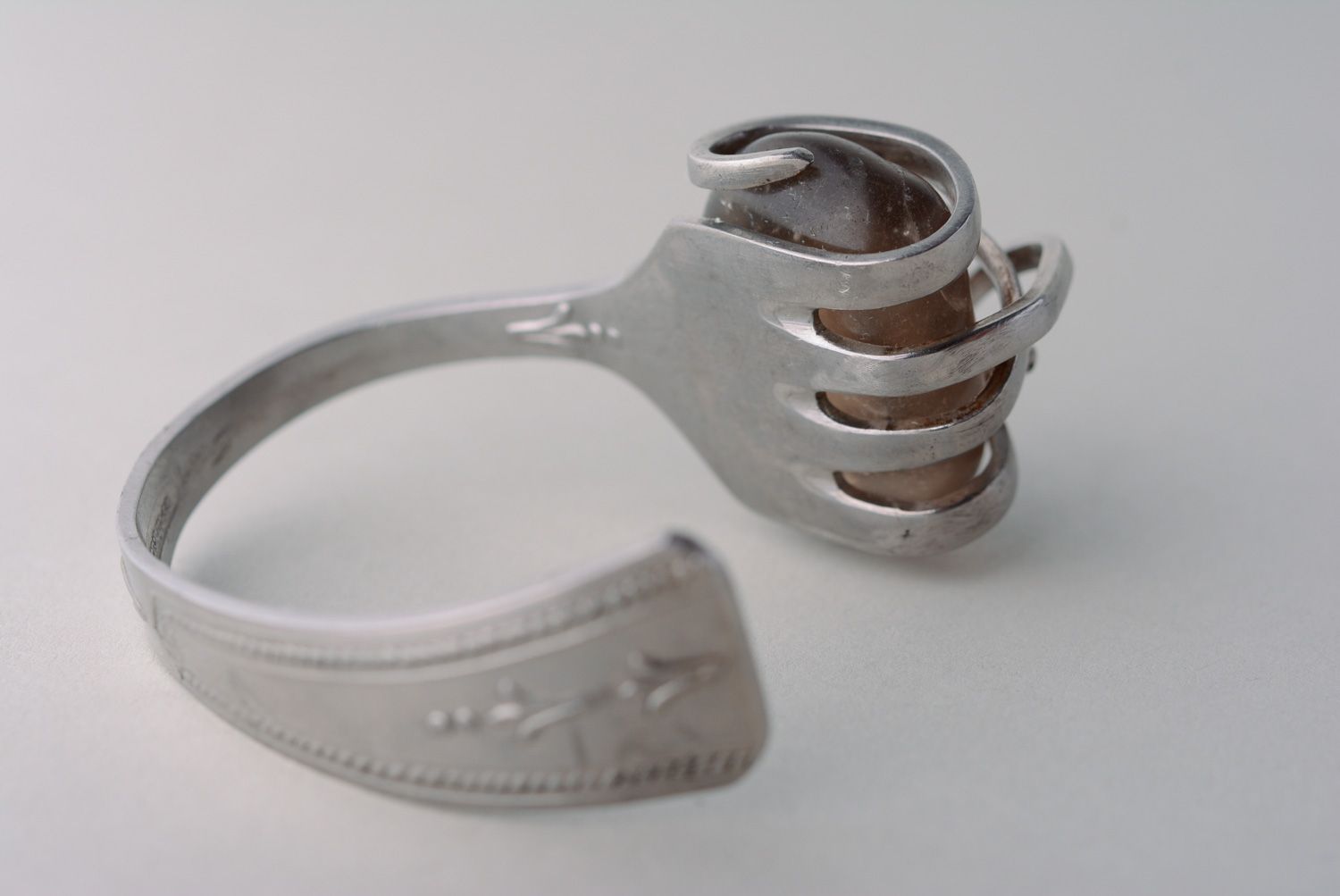 Handmade metal fork wrist bracelet with natural stone photo 4