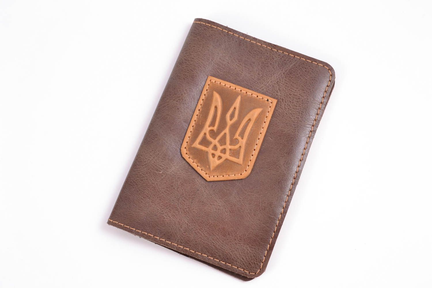 Handmade leather passport cover with coat of arms photo 4