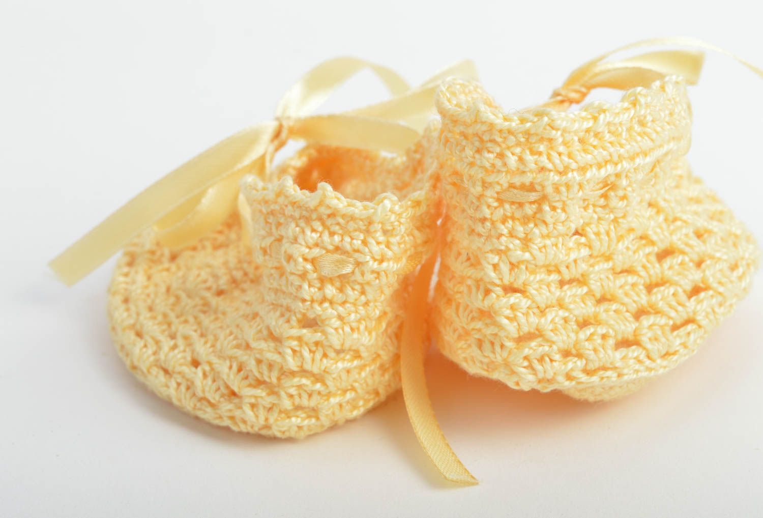Yellow cute crocheted baby booties with bows made of cotton for little girls photo 4
