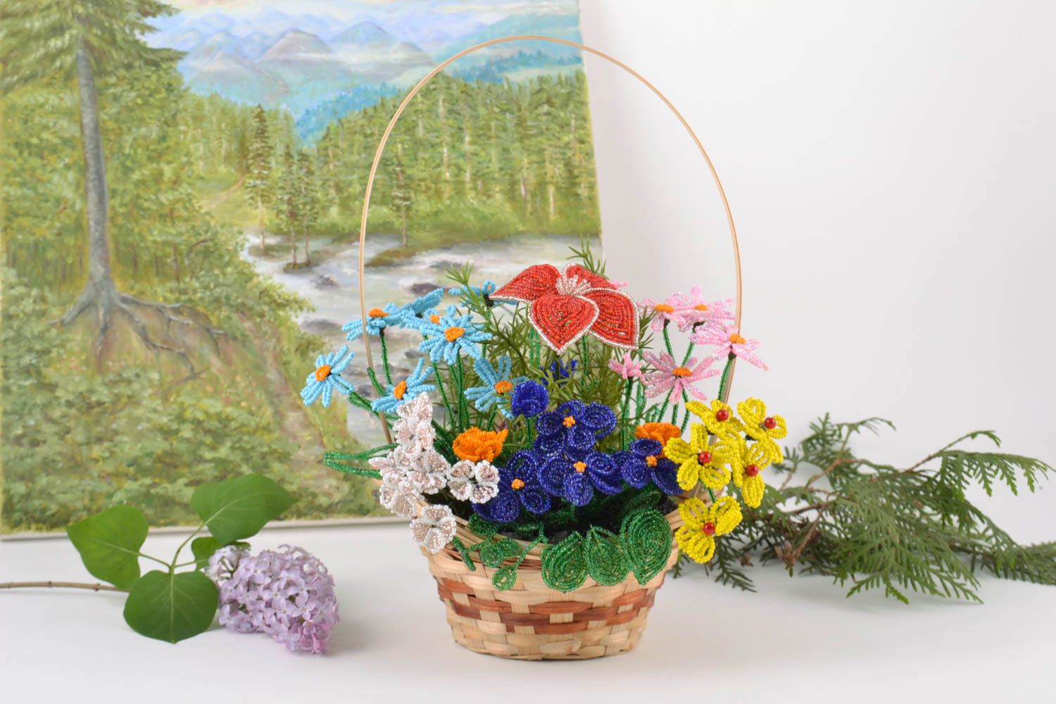 Handmade decorative woven basket with bright colorful volume beaded flowers  photo 1