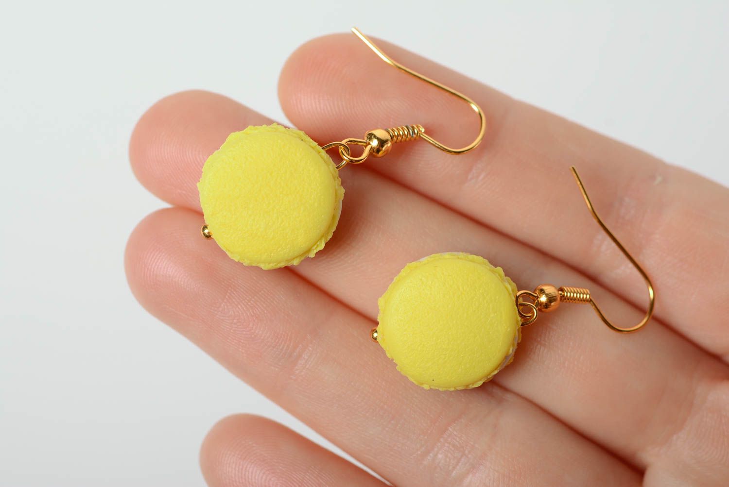 Unusual yellow handmade designer polymer clay earrings Macaron photo 3