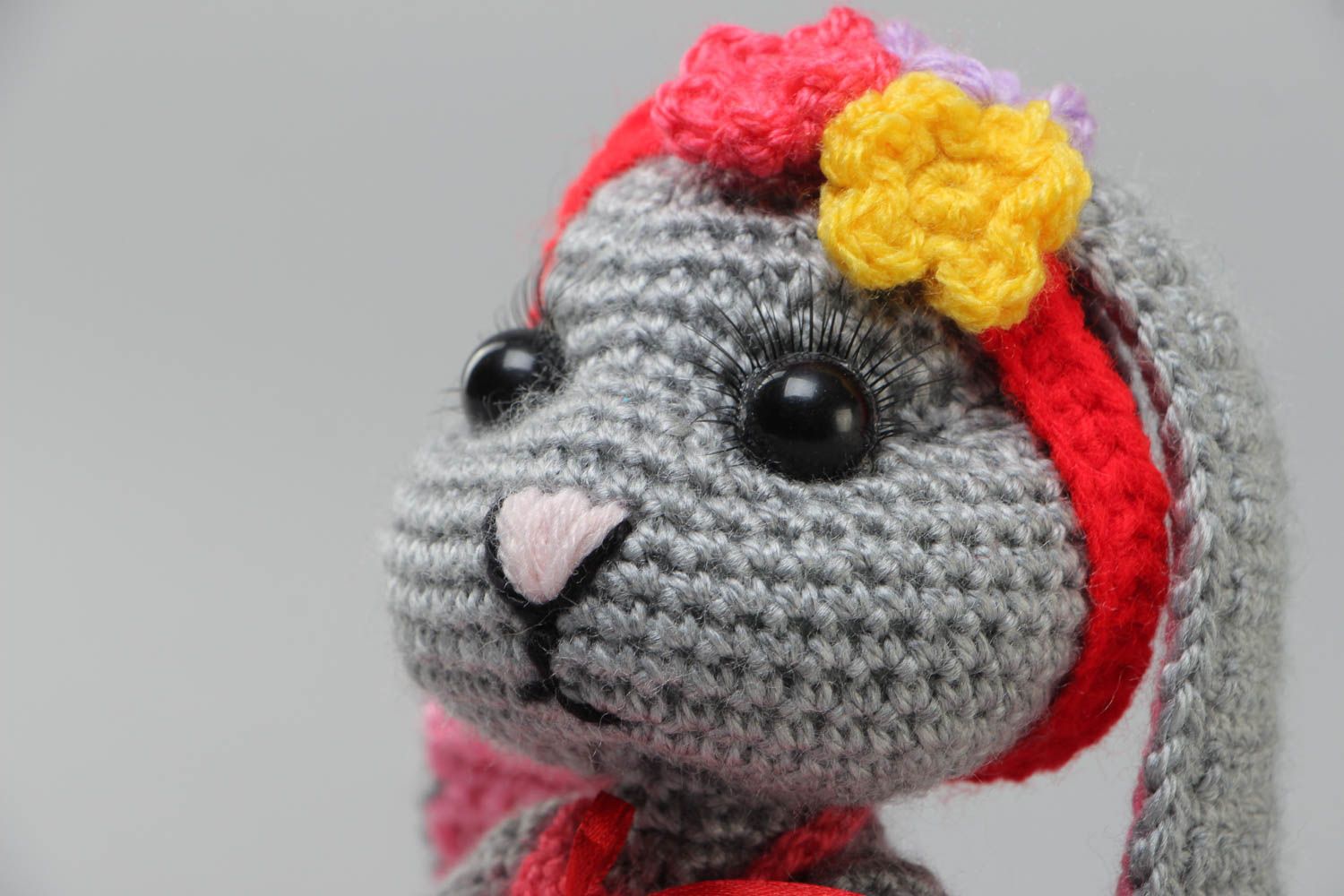 Small gray handmade soft toy bunny crocheted of acrylic threads for children photo 3