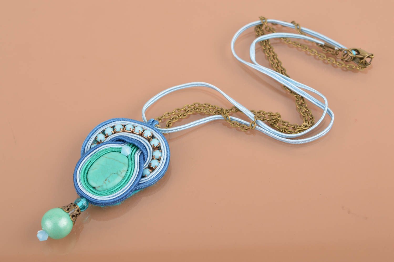 Unusual massive handmade designer soutache pendant with stone in the middle photo 2