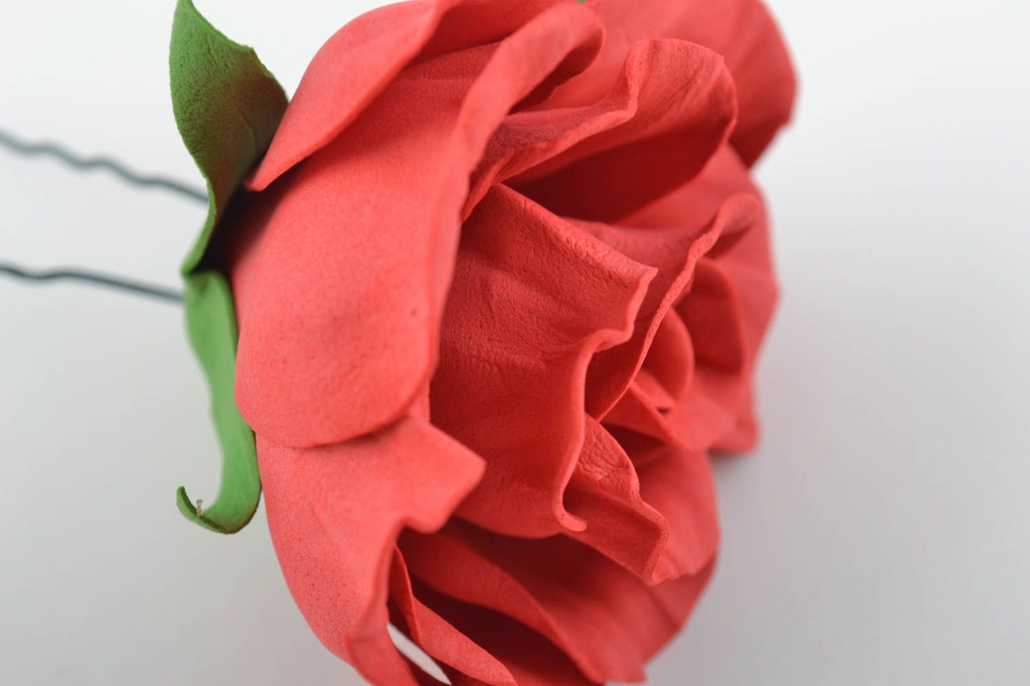 Handmade hair pin made of foamiran with large red elegant beautiful rose photo 8