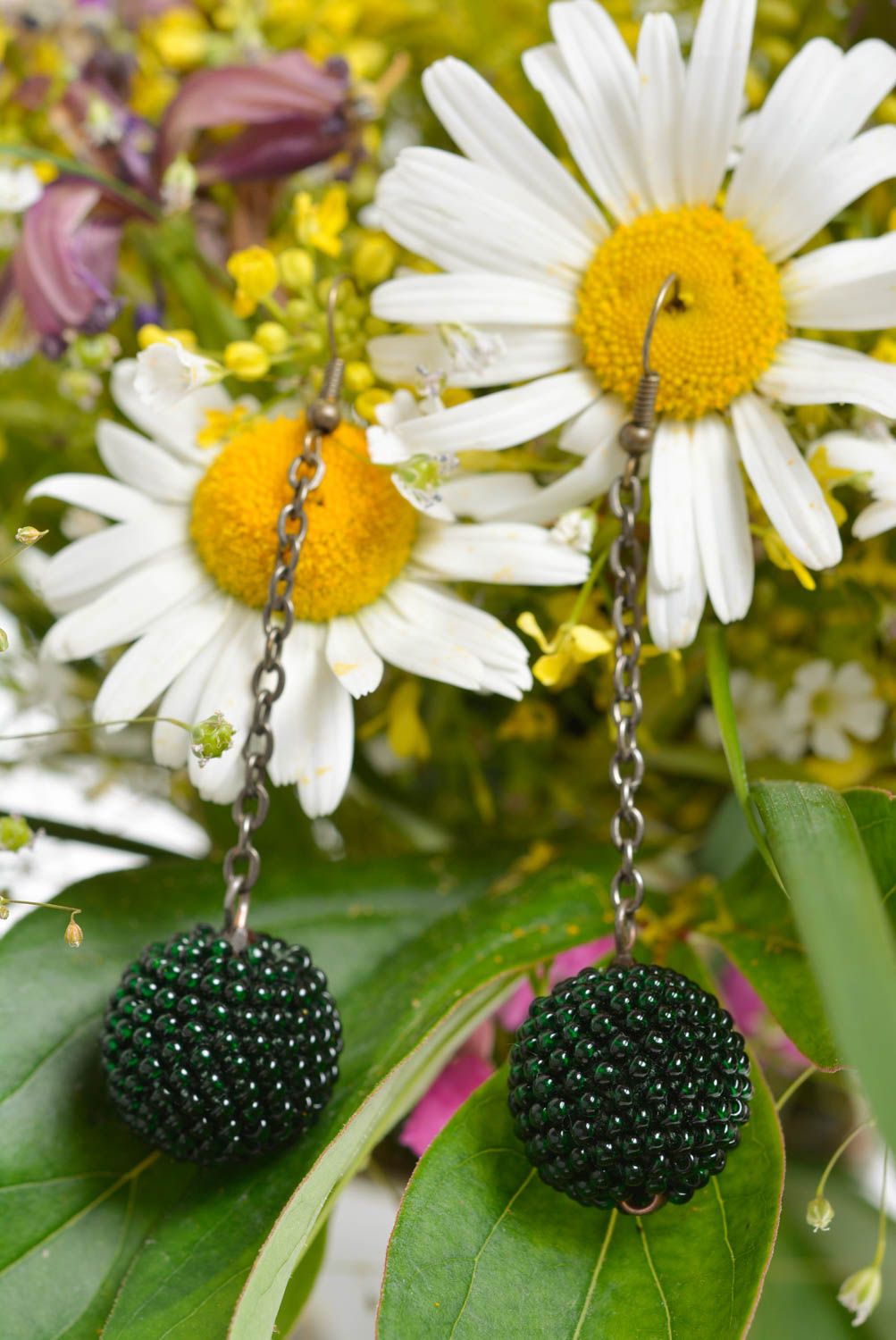 Unusual beautiful handmade designer green beaded earrings on chain photo 2
