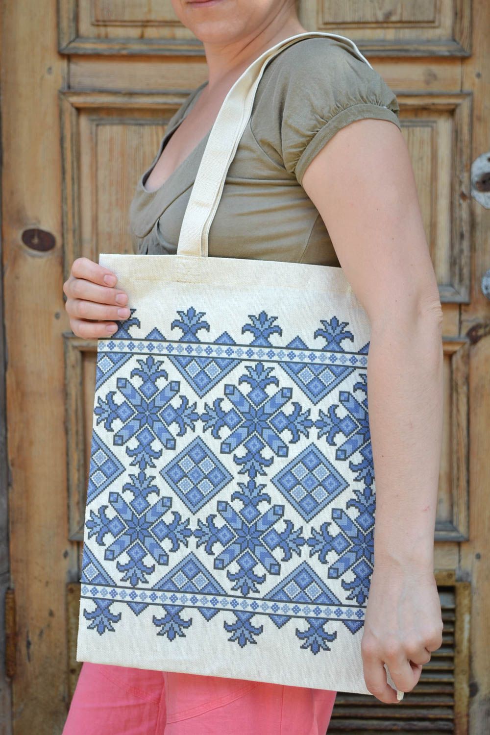 Handmade large designer women's fabric bag with blue ornament in ethnic style photo 1