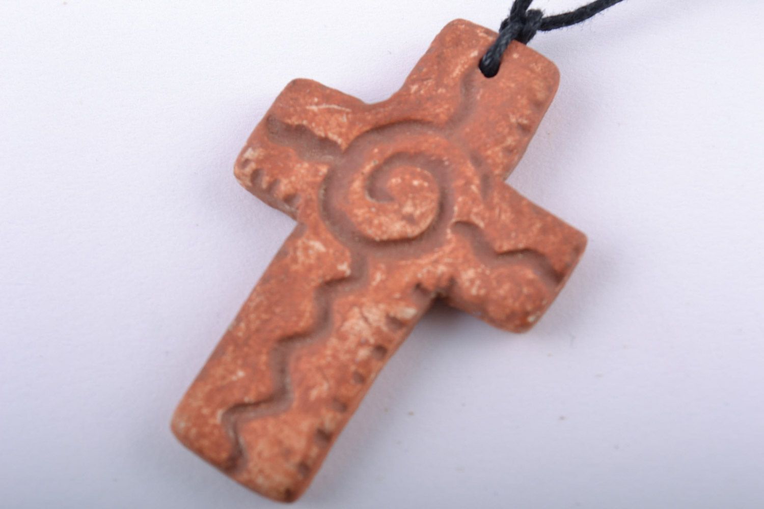 Unusual handmade clay cross pendant painted with engobes photo 2
