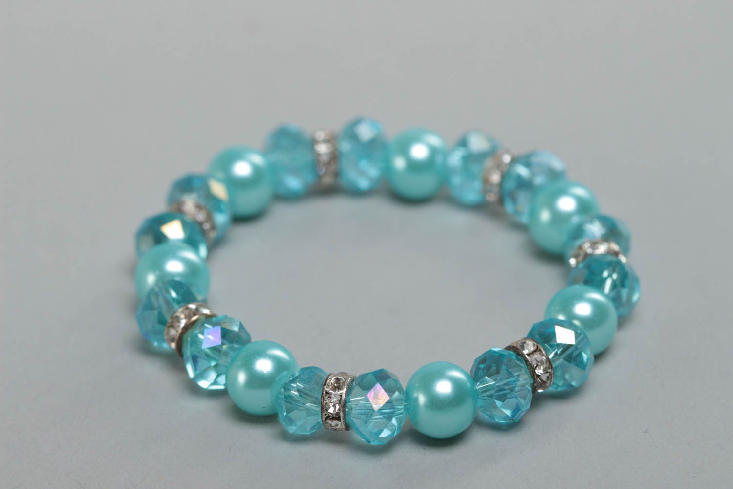 Blue children's handmade wrist bracelet with crystal and ceramic beads stretchy photo 3
