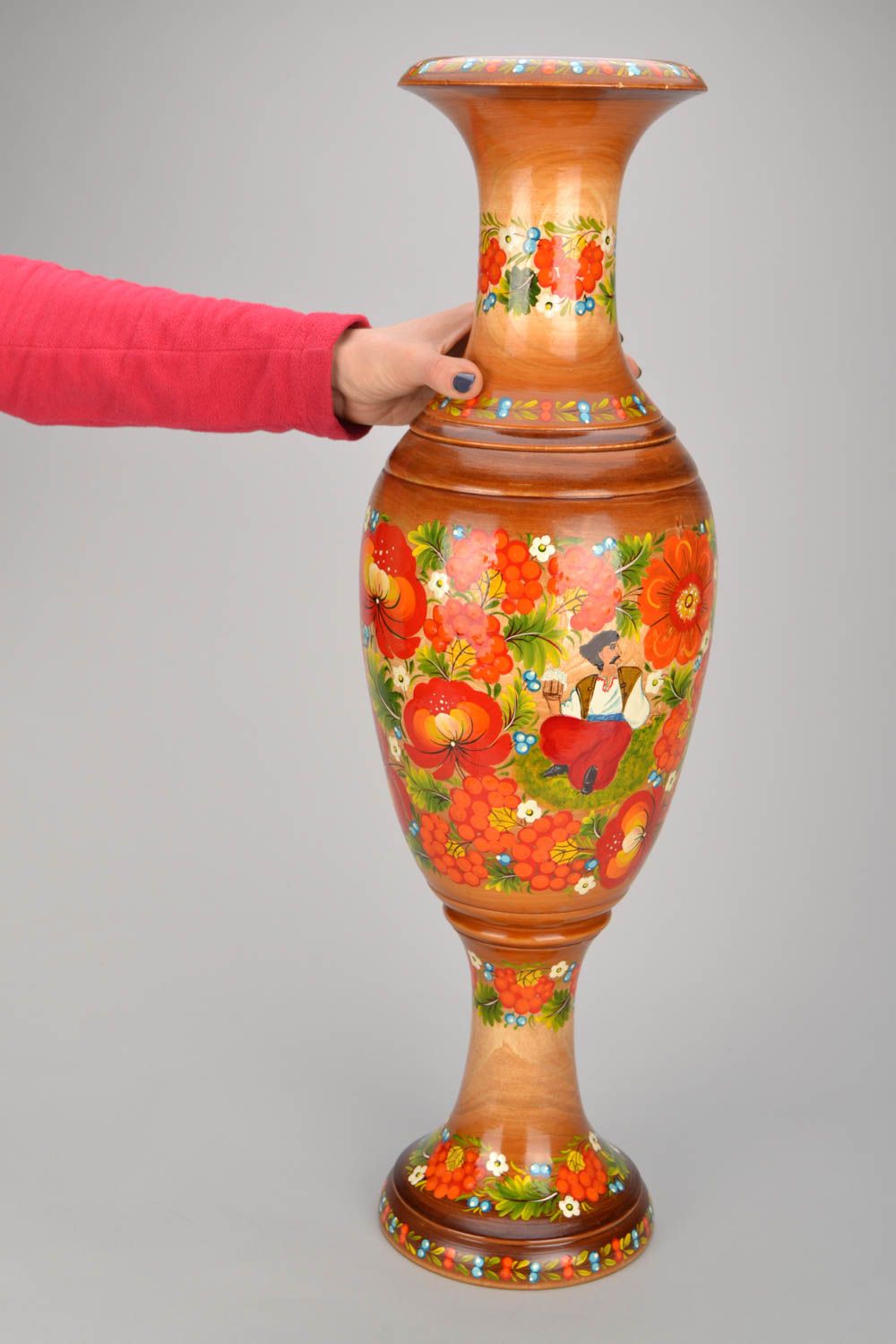 26 inches wooden handmade floor vase in floral design with red flowers 3,5 lb photo 2