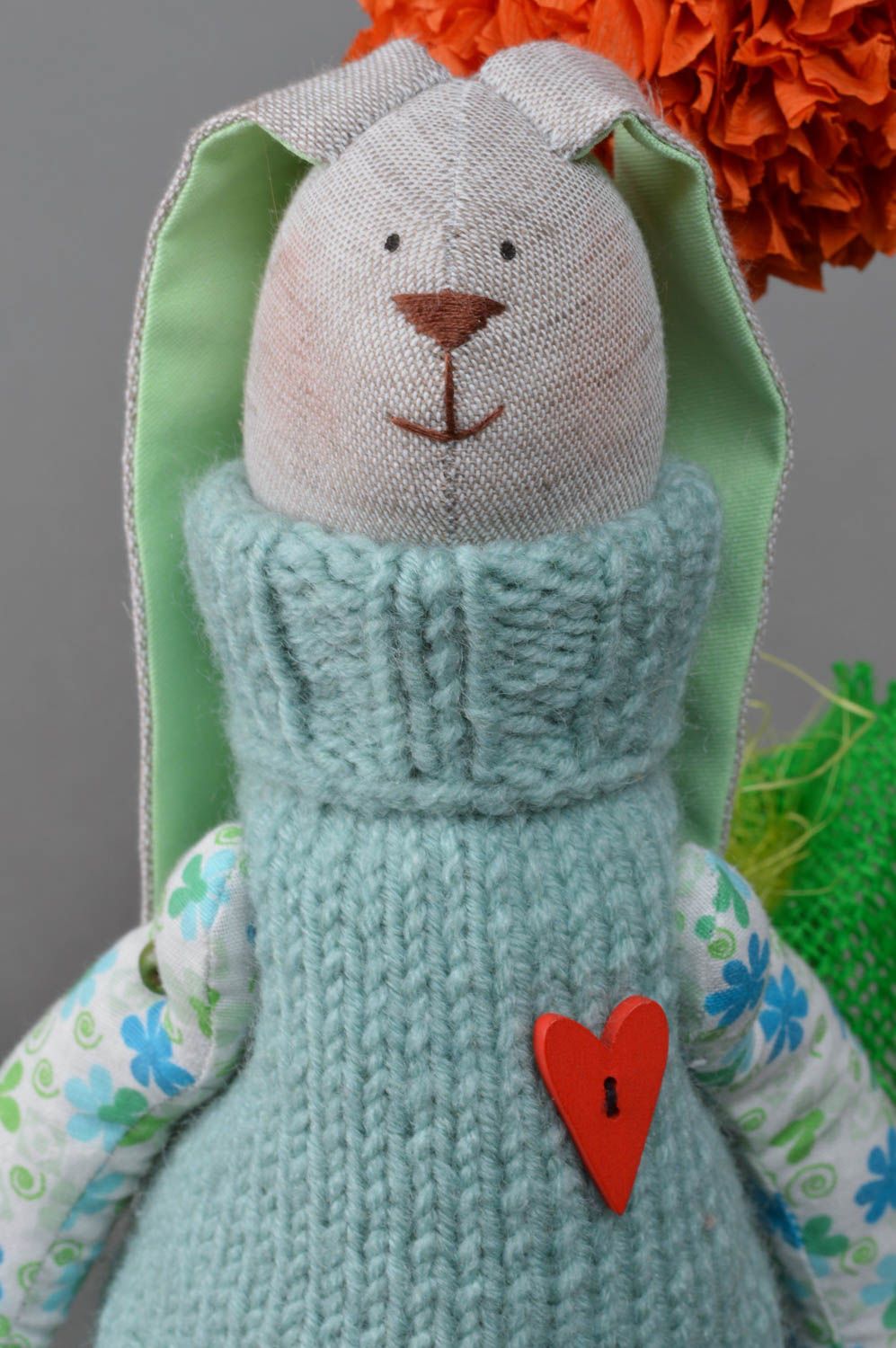 Handmade decorative soft toy bunny made of flax in knitted vest designer doll photo 2