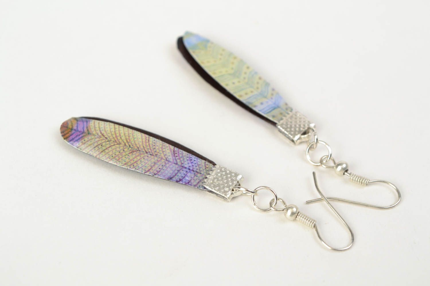 Handmade polymer clay long earrings with jewelry resin Feathers photo 4