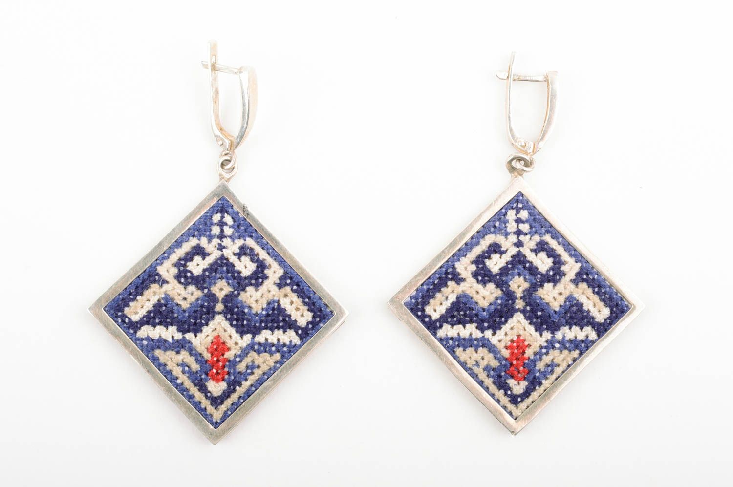 Handmade earrings with embroidery designer fabric accessories cross-stitch photo 1