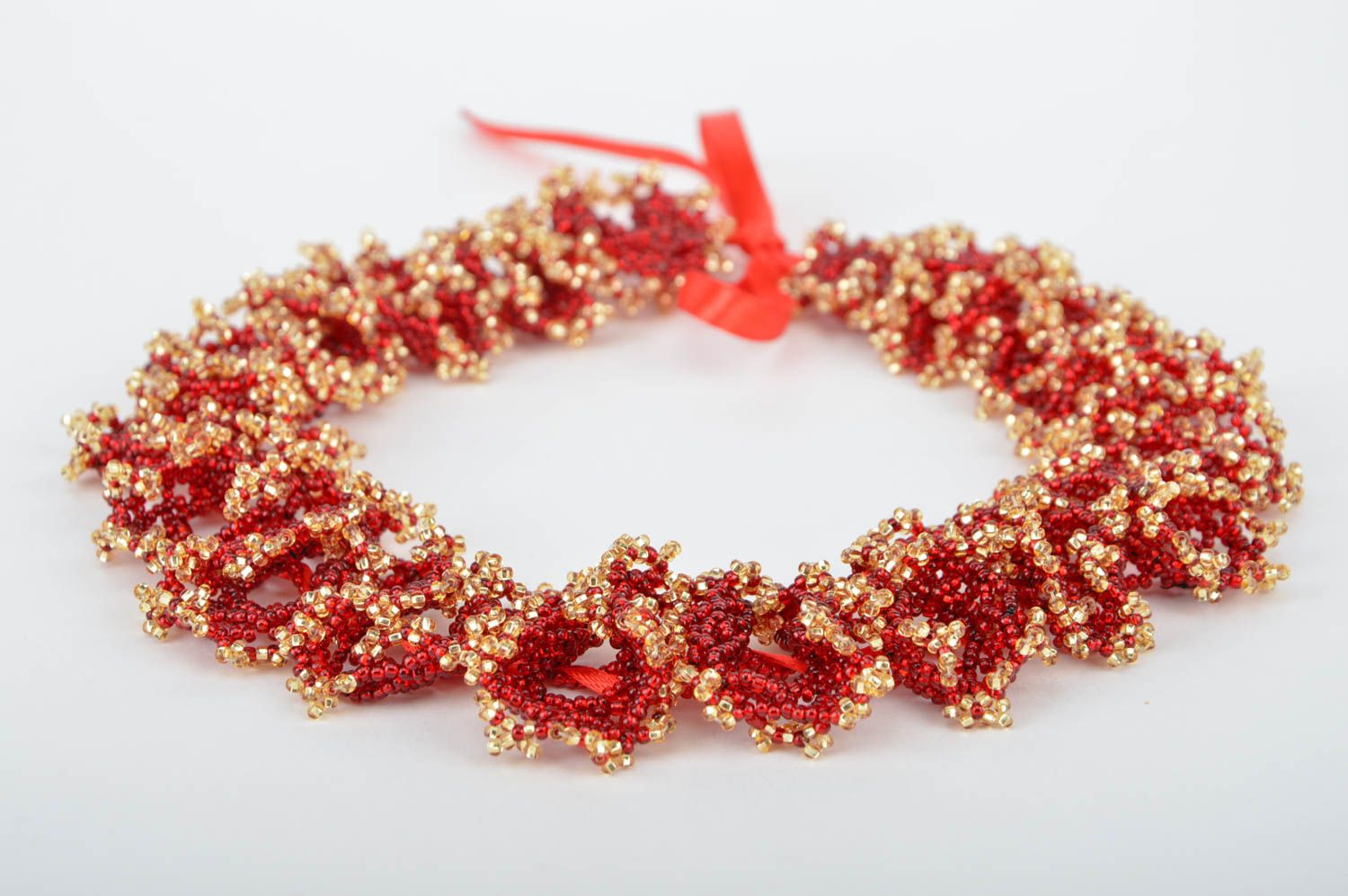 Unusual handmade designer stylish beaded necklace of red and gold colors photo 5
