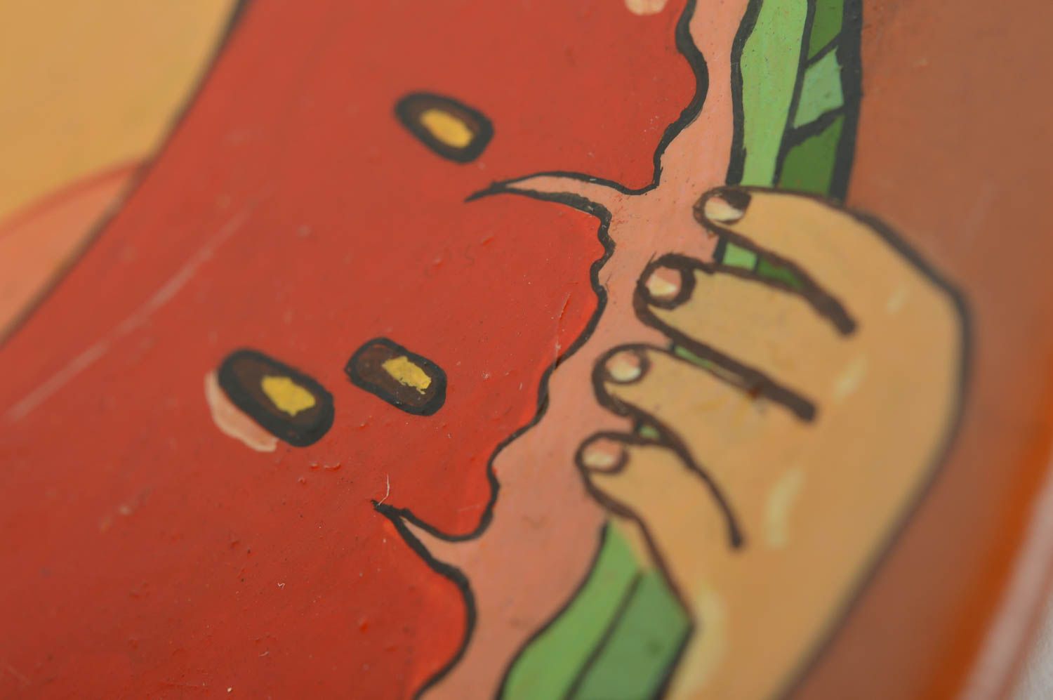 Künstlerischer handgemachter Deko Wandteller aus Ton Mädchen und Wassermelone foto 5
