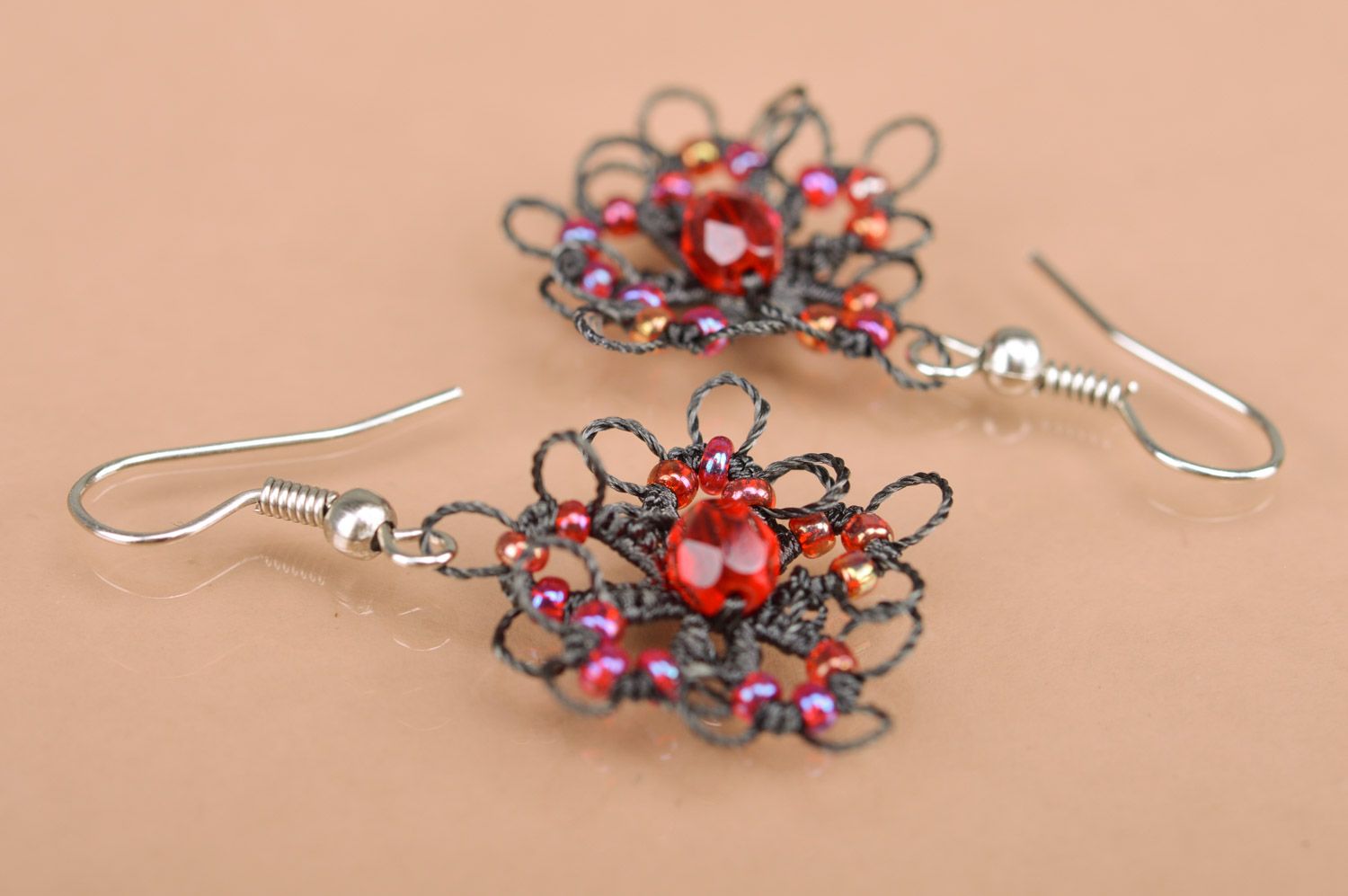 Handmade women's woven tatting earrings with beads photo 4