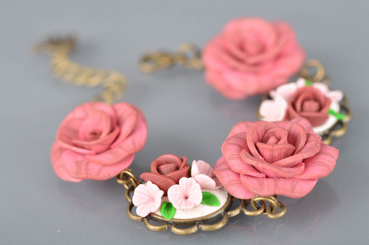 Beautiful handmade bracelet made of polymer clay with roses in vintage style photo 2