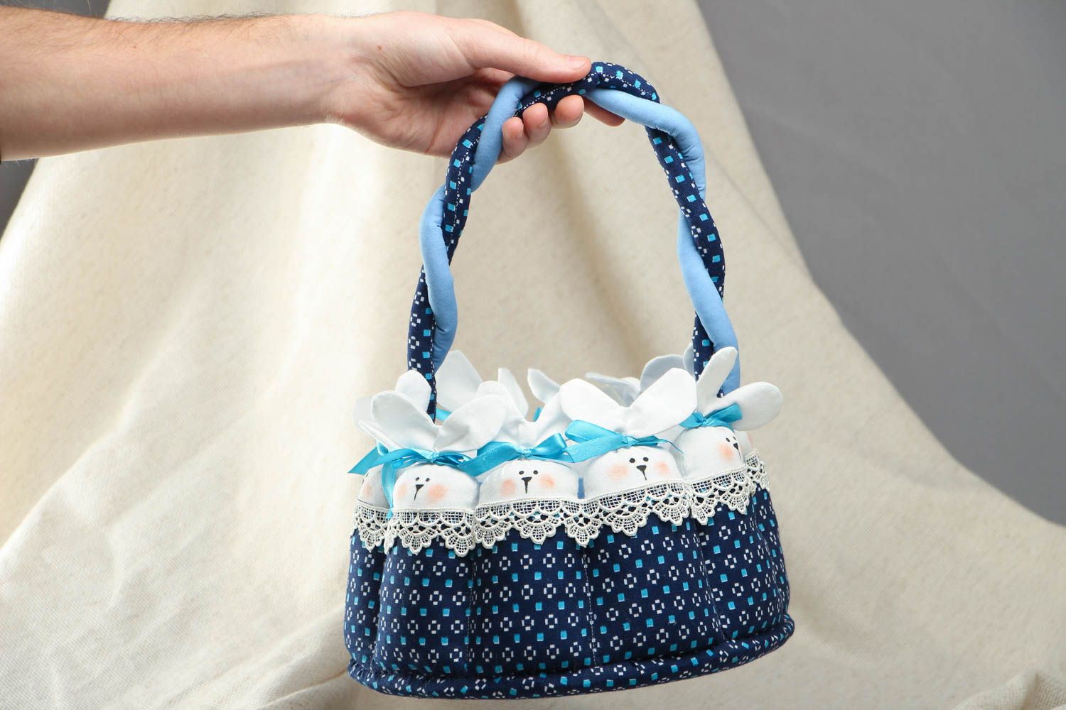 Fabric basket with rabbits photo 4