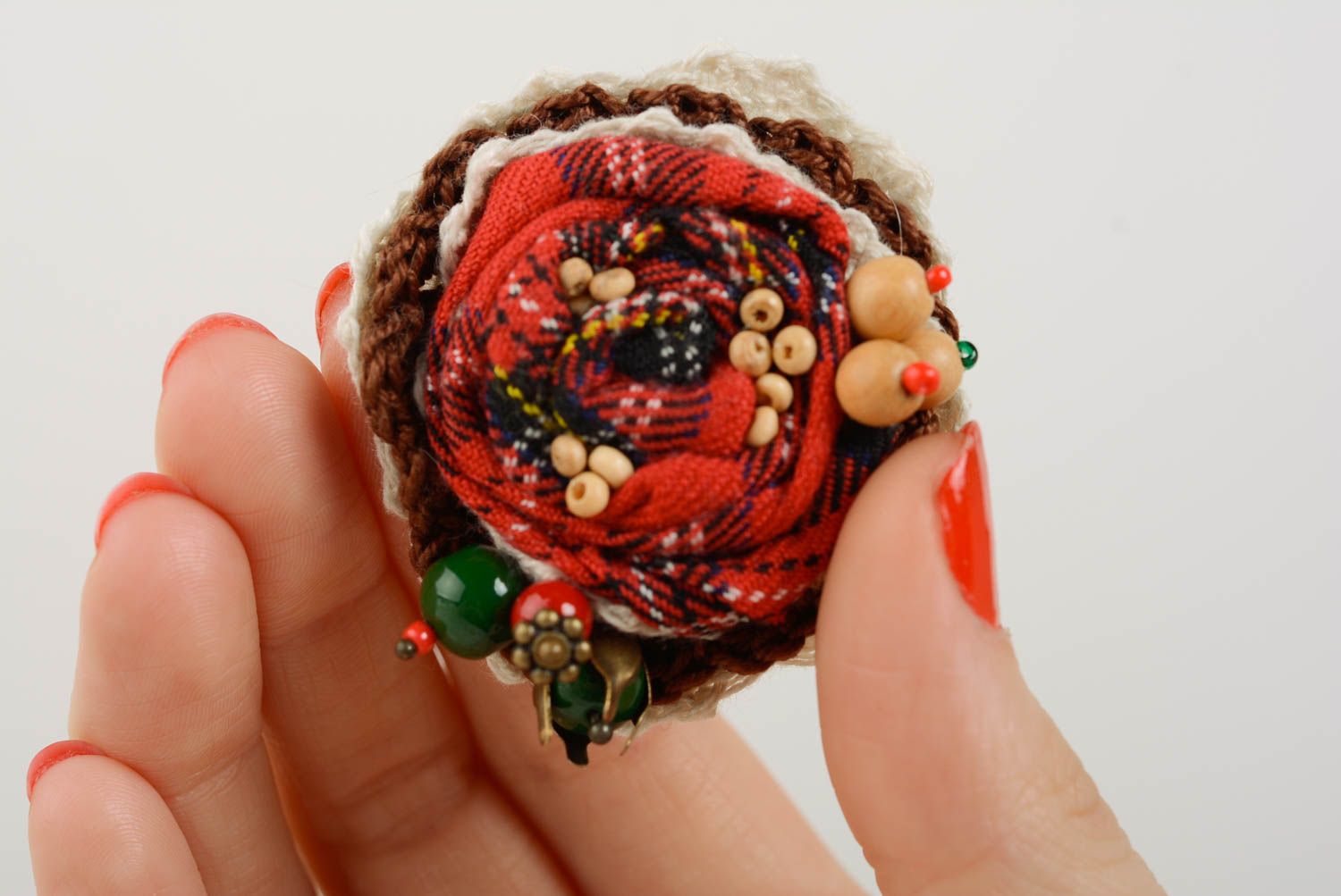 Handmade crochet flower brooch with red checkered fabric inserts and seed beads photo 3