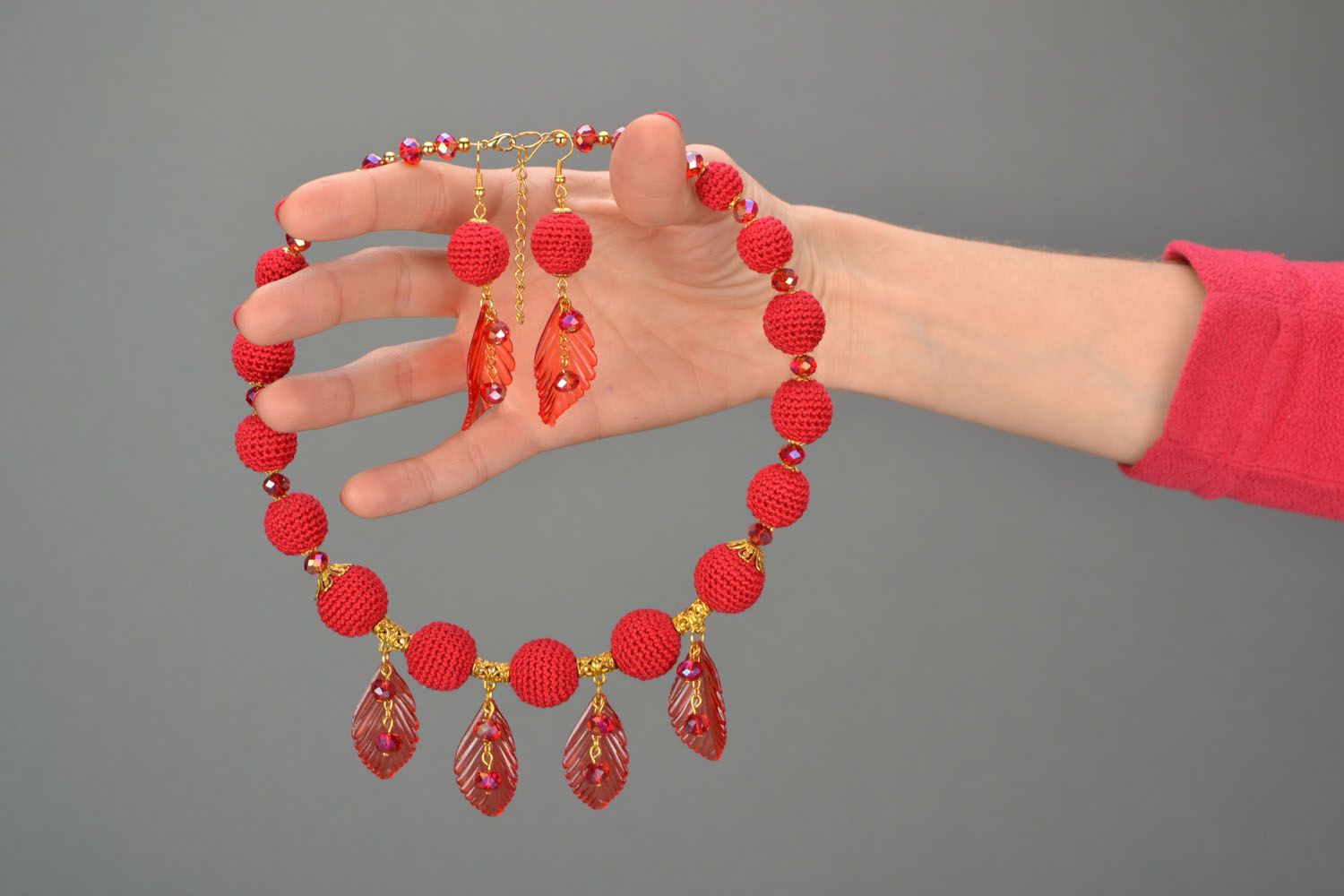 Conjunto de jóias feito à mão colar e brincos de malha Vermelho foto 2