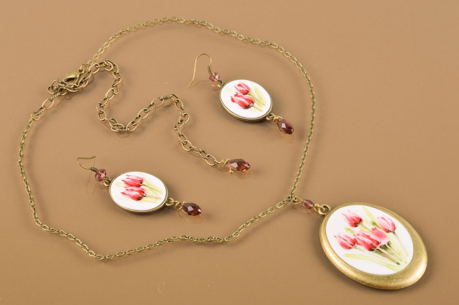 Handmade metal jewelry set with miniature painting 2 items pendant and earrings Tulips photo 2