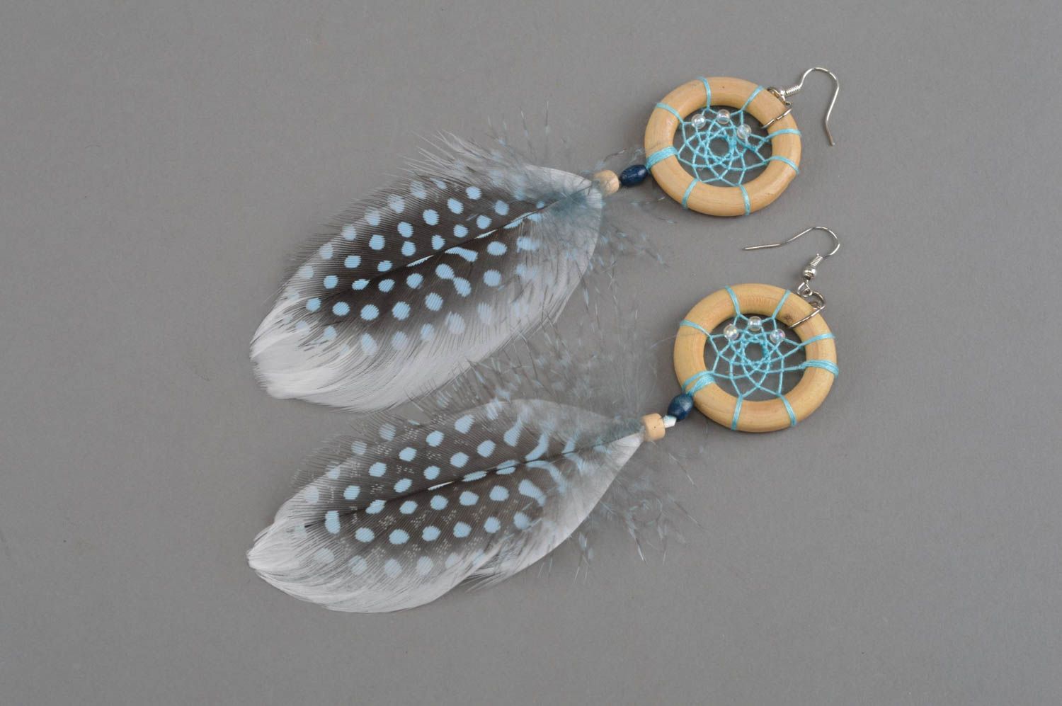 Handmade unusual Dreamcatcher earrings with cute feathers of guinea hen photo 3