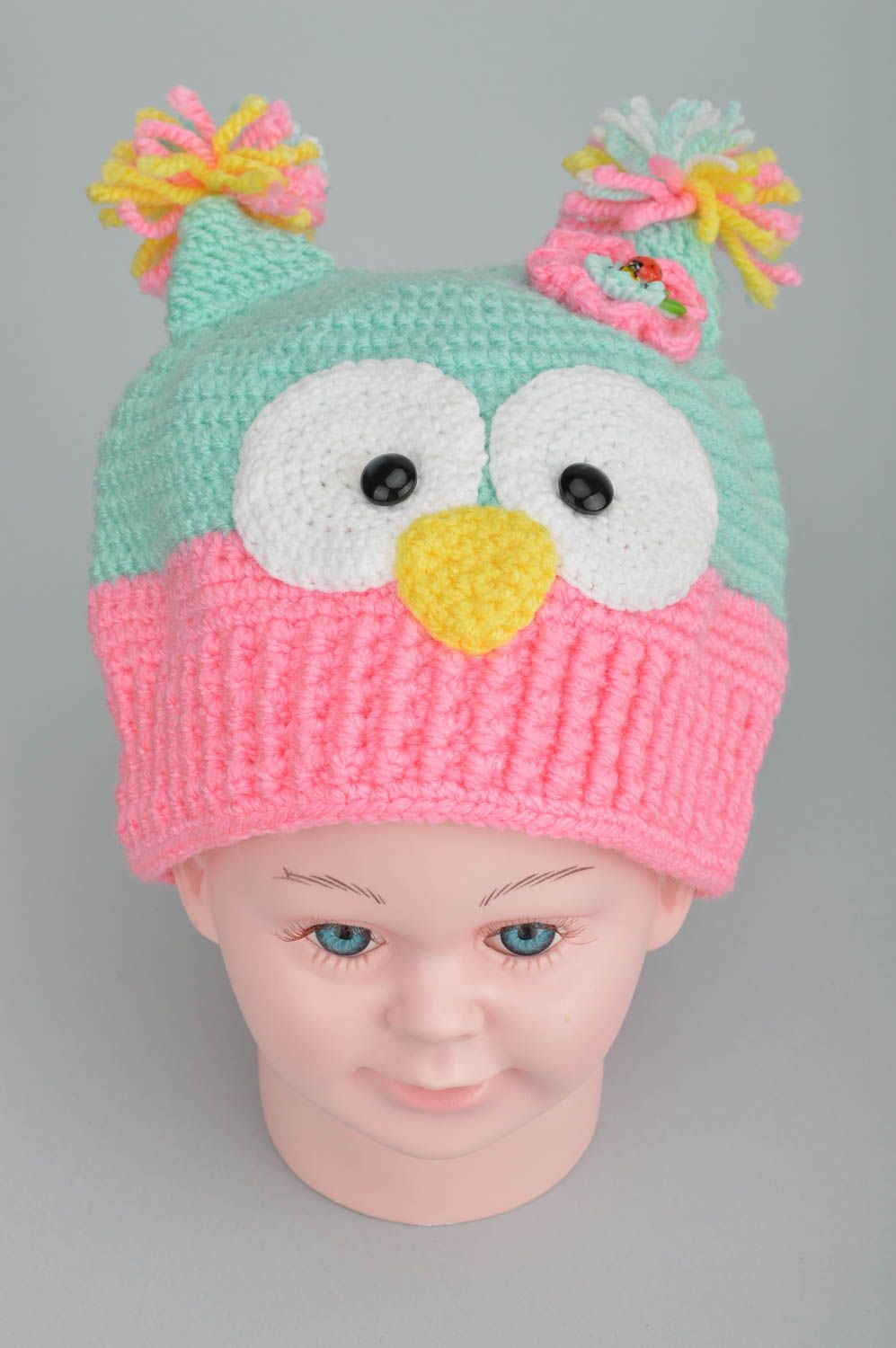 Bonnet tricot Chapeau au crochet fait main laine coton hibou Vêtement enfant photo 3
