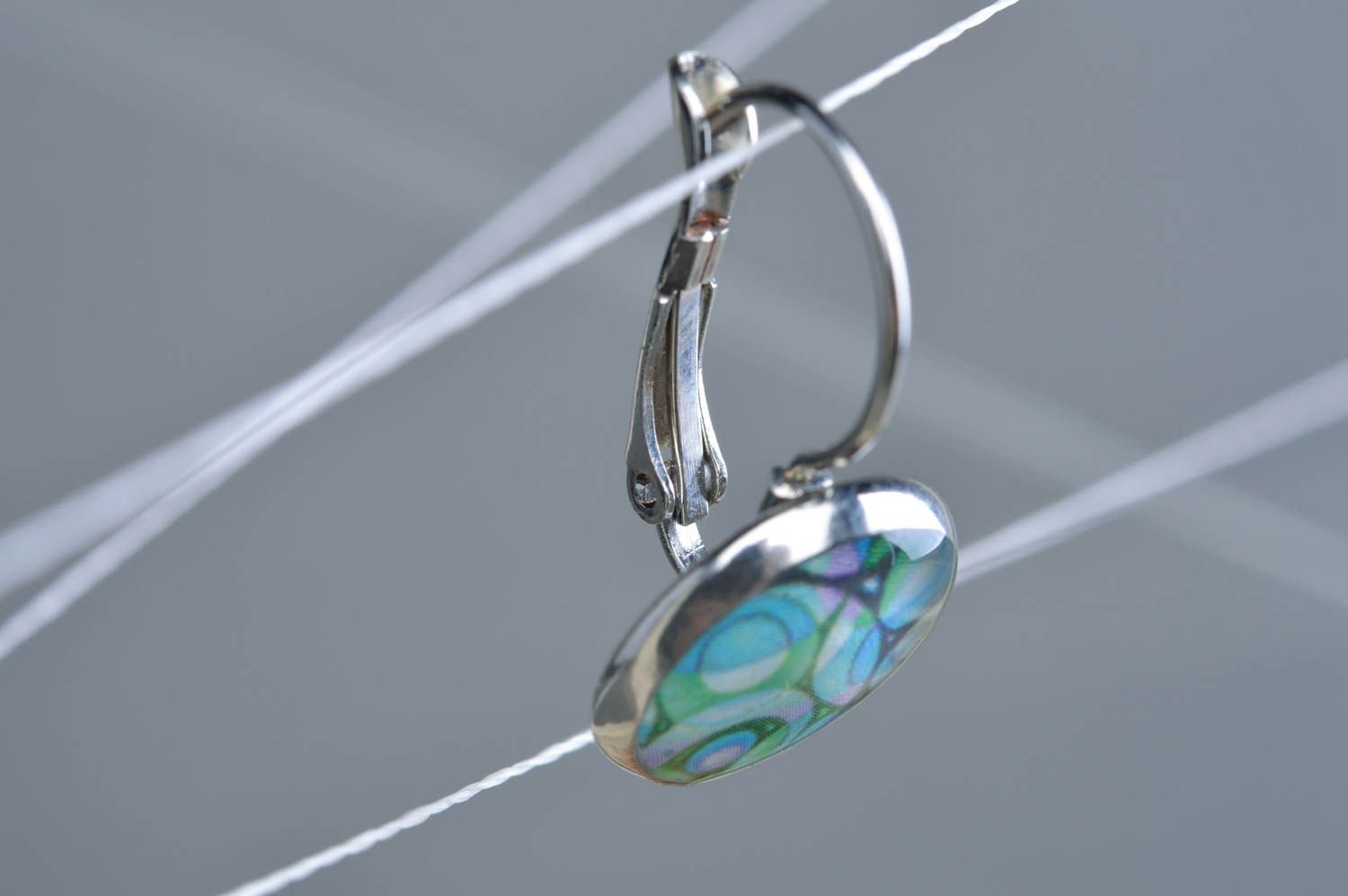 Unusual handmade designer round blue decoupage earrings photo 2