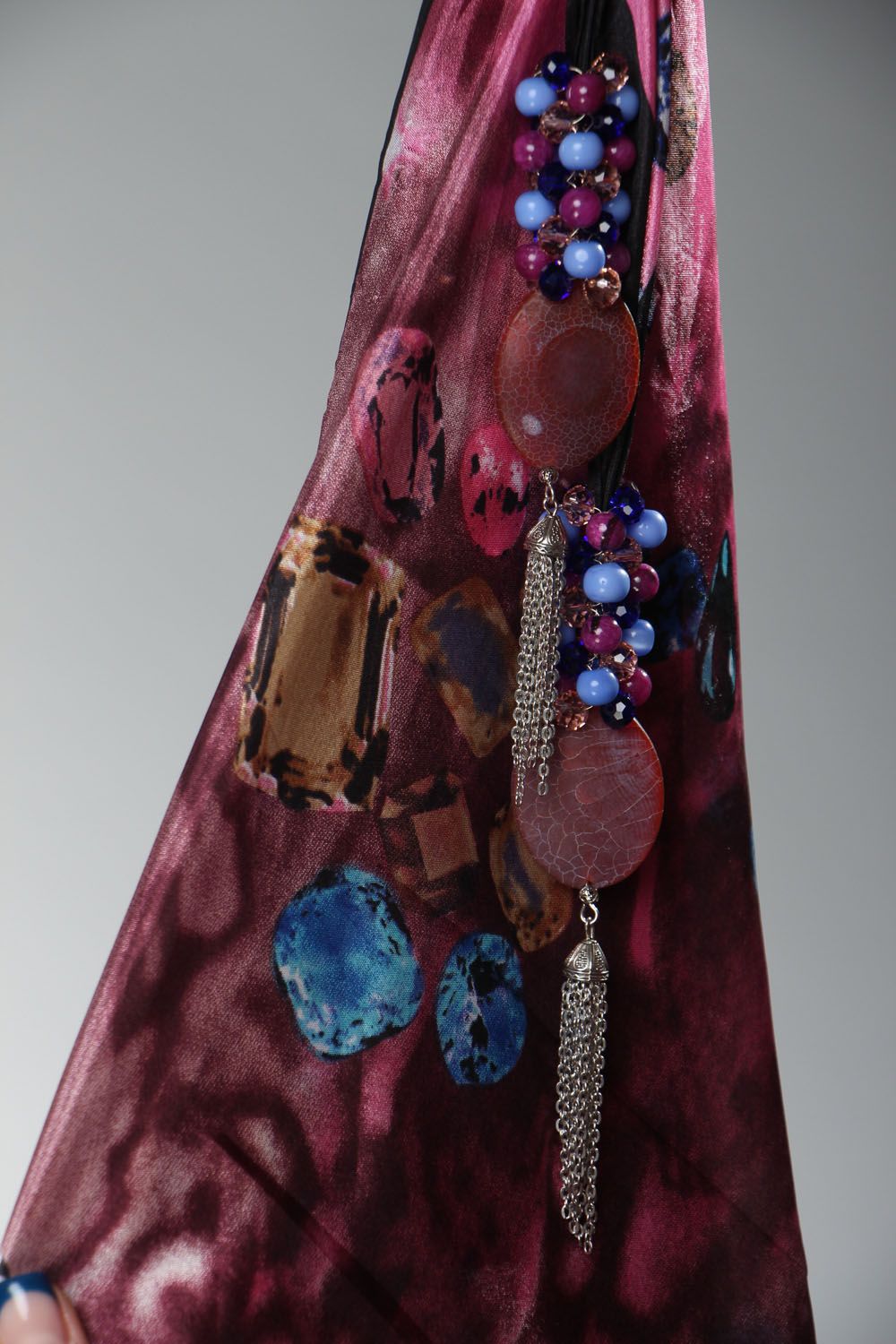 Silk scarf with cat's eye and charoite stones photo 4