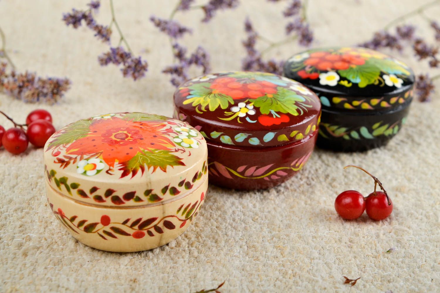 Boîtes bijoux Boîtes décoratives fait main bois rondes design Cadeau femme 3 pcs photo 1