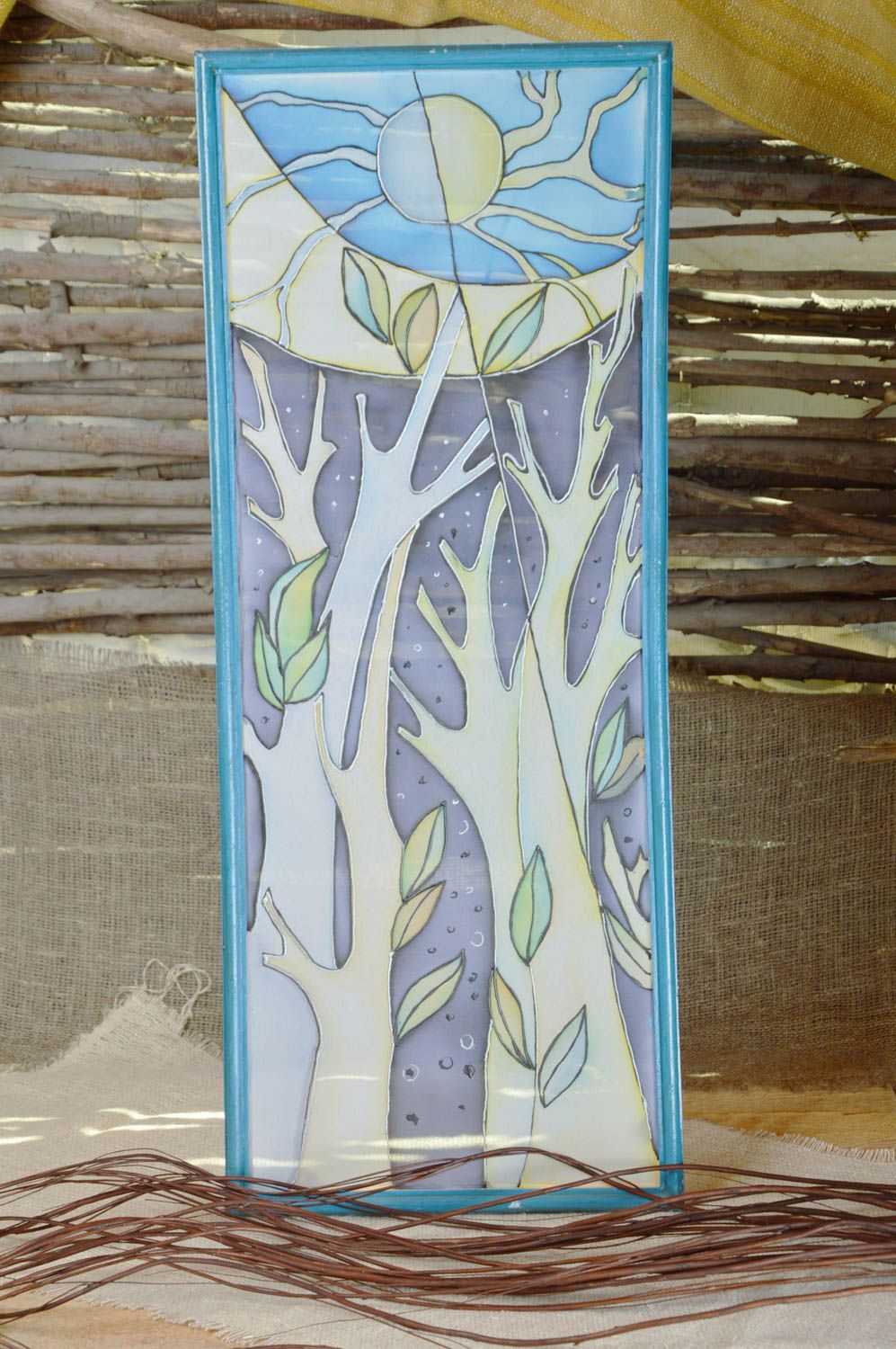 Handmade designer wall panel cold batik painting in wooden frame Sun among Trees photo 1