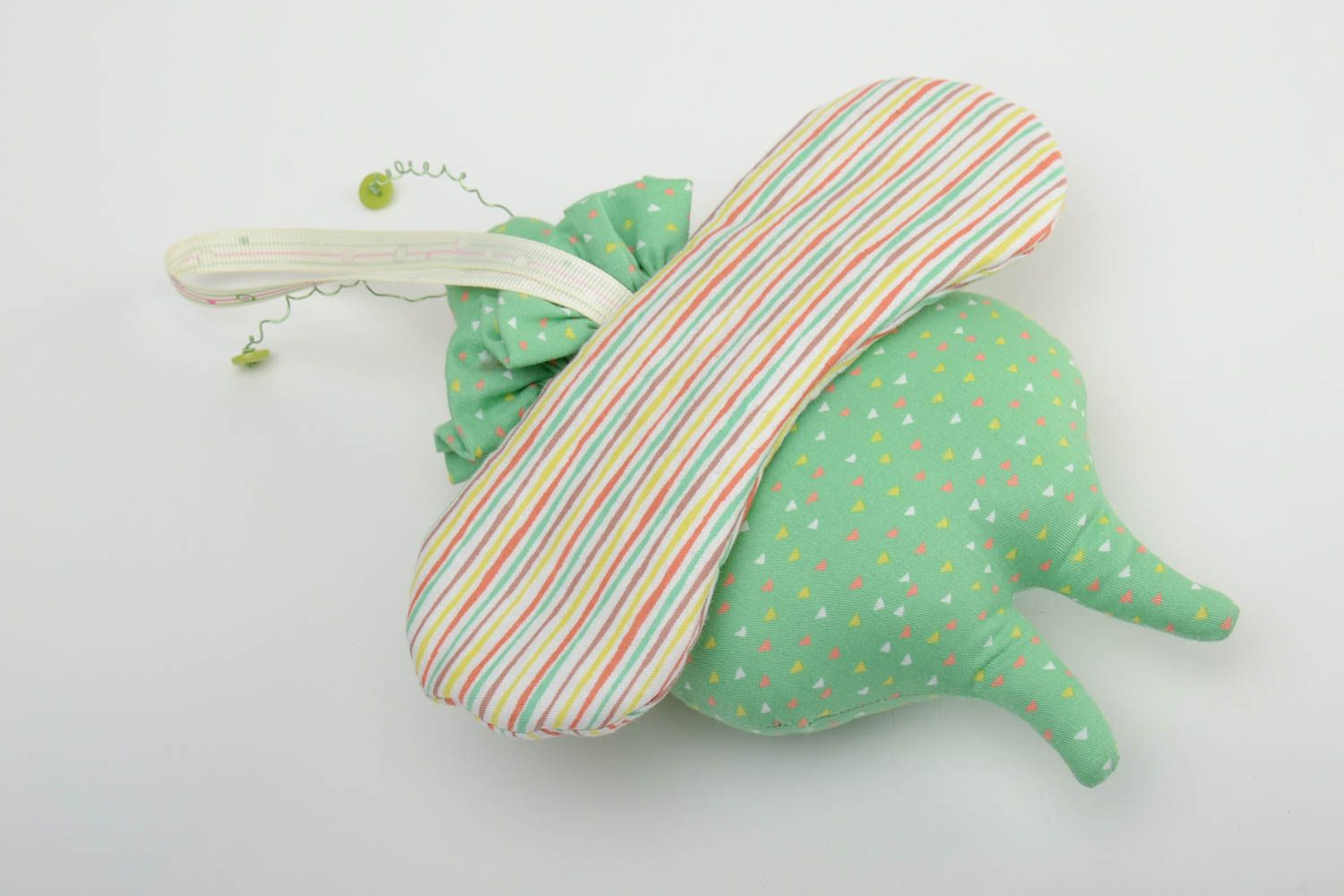 Handmade small satin fabric soft toy funny green beetle with striped wings photo 4