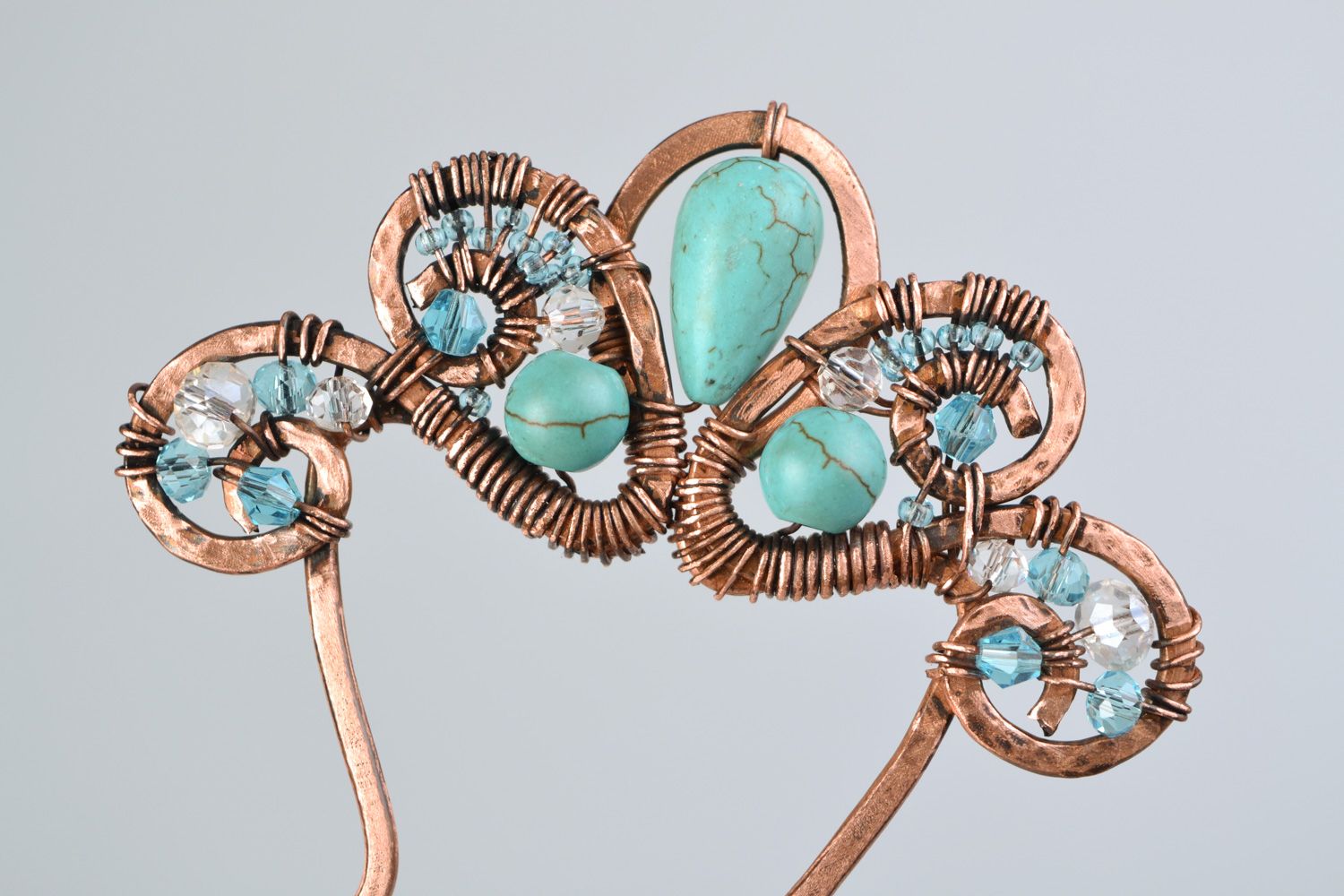 Handmade wire wrap copper hairpin with turquoise photo 5