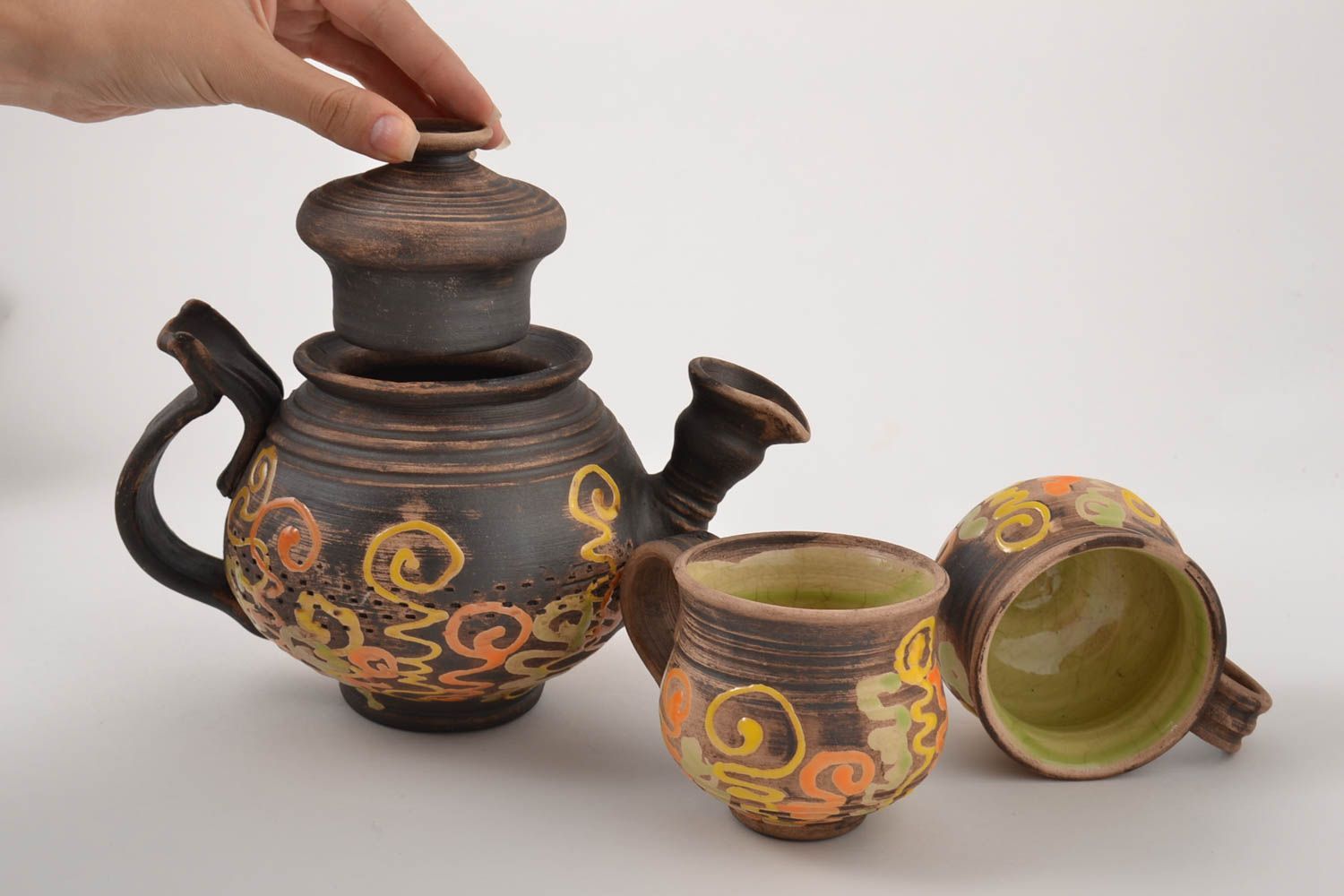 Geschirr Set handgemachte Keramik schöne Teekanne und Tassen aus Ton originell foto 5