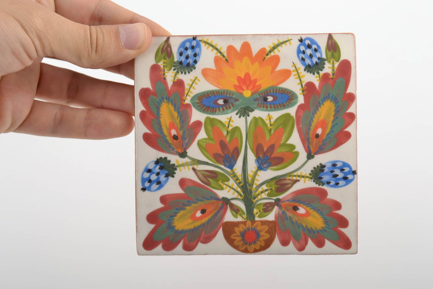 Carreau décoratif céramique peint à motif floral multicolore original fait main photo 2