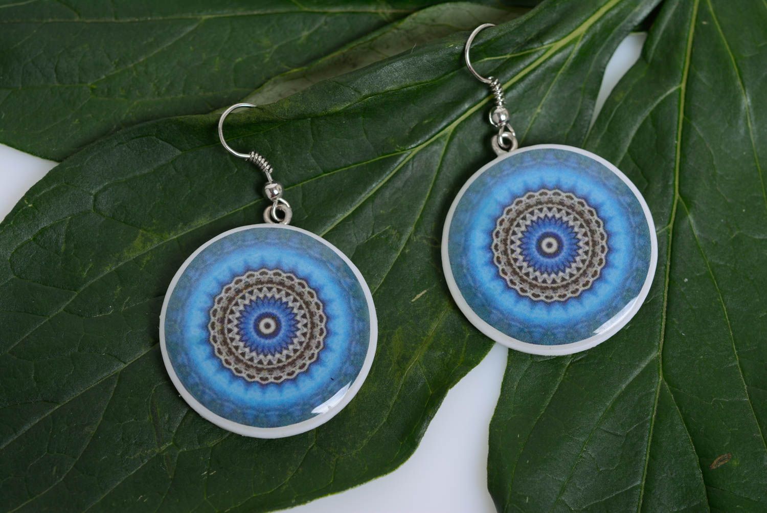 Handmade blue round dangling polymer clay decoupage earrings with ornament photo 2