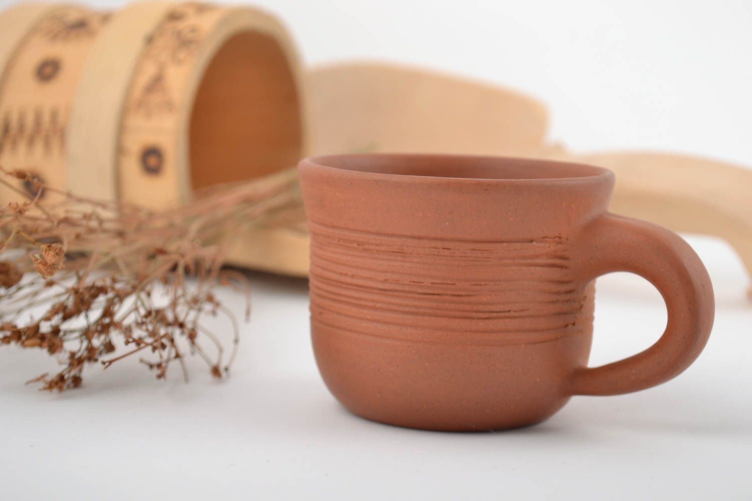 5 oz terracotta clay Mexican style coffee cup with handle and no pattern photo 1