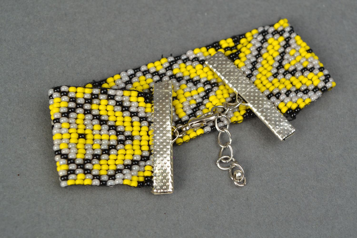 Wide black and yellow ethnic beaded wide bracelet  photo 4