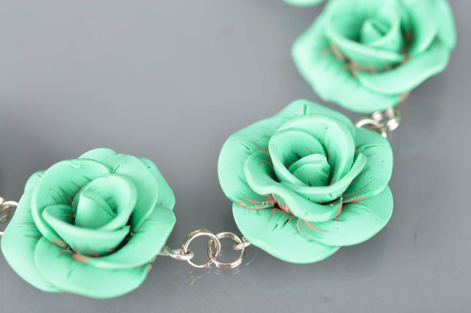 Beautiful handmade women's polymer clay flower bracelet with mint colored roses photo 2