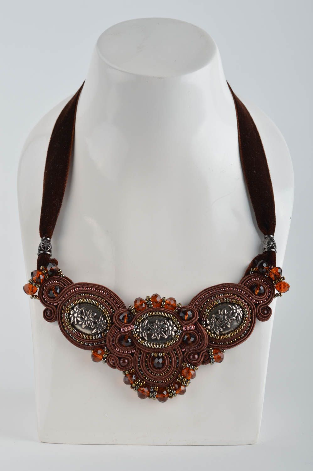 Beautiful women's handmade designer evening soutache necklace with beads photo 3