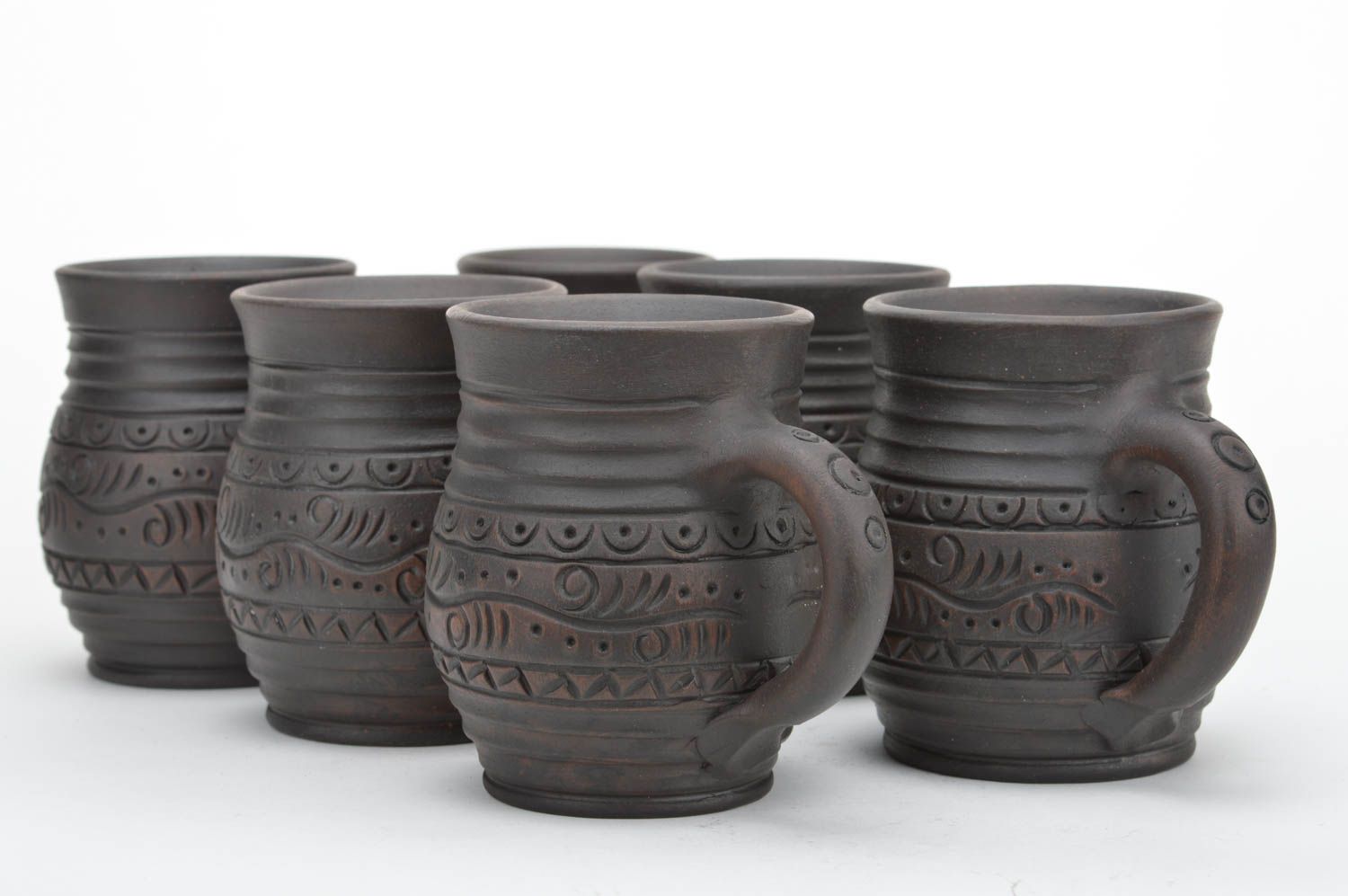 Set of 6 six 8 oz clay dark brown coffee cups with handle and ethnic classic pattern  photo 5