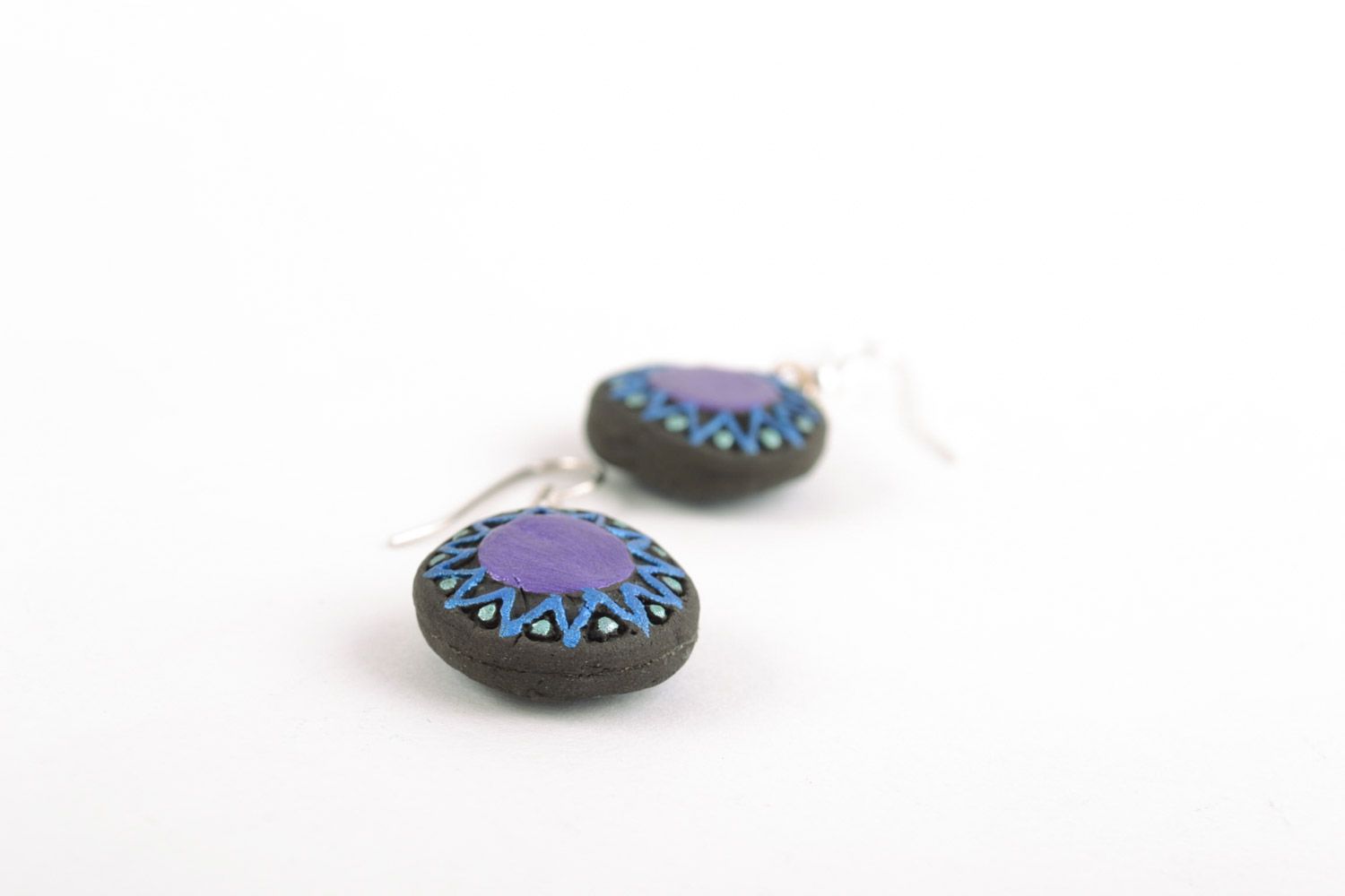 Handmade small round ceramic dangling earrings painted with acrylics Violet Sun photo 4