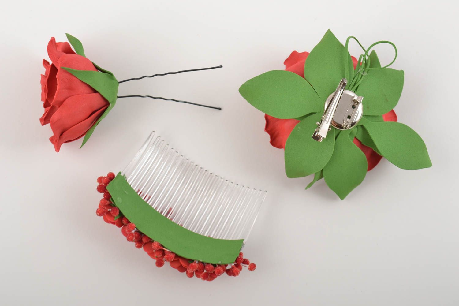 Handmade accessories made of foamiran set of 3 items hair clip comb barrette  photo 9