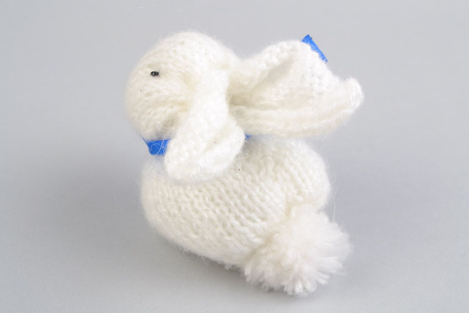 Handmade small soft toy Easter rabbit knit of angora wool with blue bow photo 4
