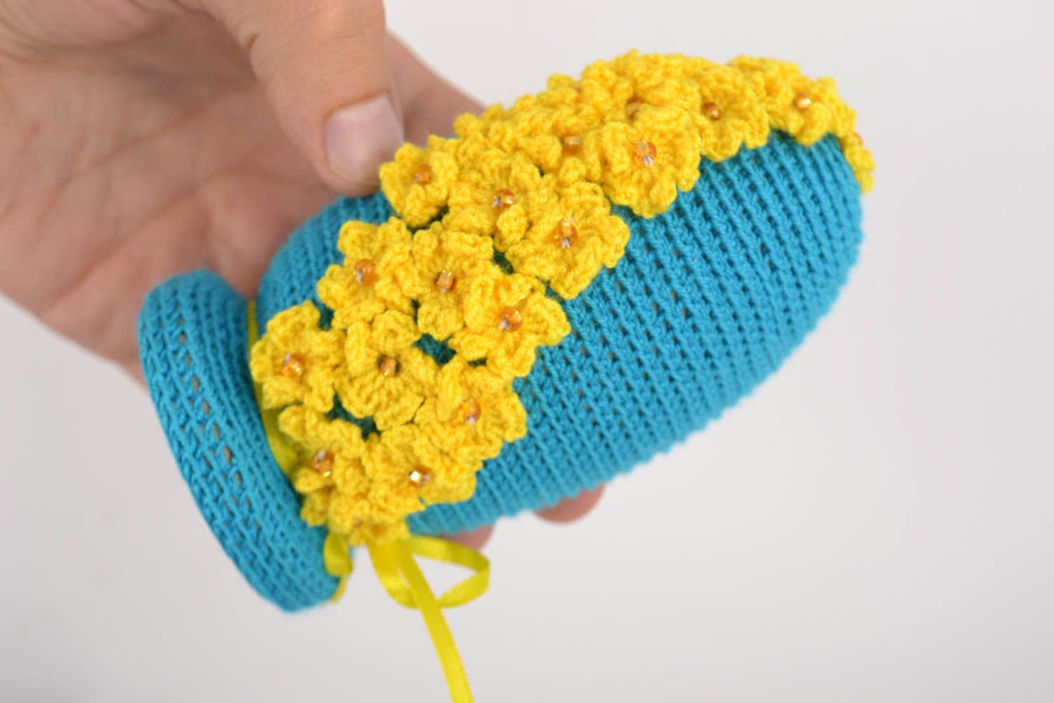 Handmade decorative macrame Easter egg on wooden basis blue with yellow flowers photo 4